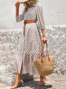 SHEIN LUNE 印花灯笼袖长裙女装 - 咖啡 - 查看 6