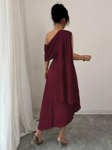 Rafferiza Đầm dài xếp ly một bên vai bằng vải chiffon thanh lịch dành cho nữ, vải voan bóng mùa xuân/hè - Màu Đỏ Sâu - Xem 2