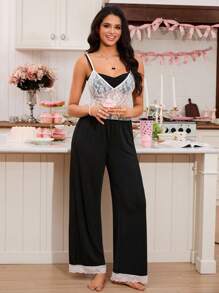 SweetSlumber Women Lace Patchwork Two Pieces Slip Pajamas Set - Black and White - View 6