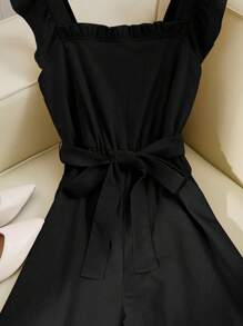 Franclia 女式春夏方领荷叶边盖袖收腰高腰系带蝴蝶结连体裤，修身 - 黑色 - 查看 6