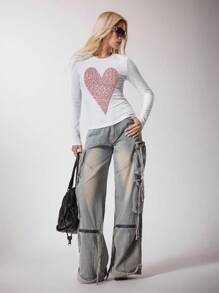 Shutterstock Women's Heart Print Round Neck Long Sleeve Casual T-Shirt Heart Shirt Long Sleeve Graphic T-Shirt Women Long Sleeve Tops Love Graphic Tee Fitted Long Sleeve Shirt Y2K 2000s Cute Top Fall Winter Back To School Club Women Sexy - Red and White - View 3