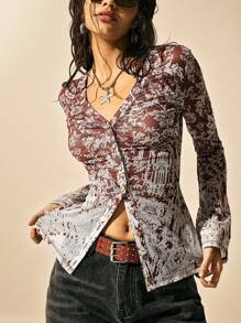 Easelle Women's Summer Boho Vintage Ditsy Floral Totem Gradient Print Mesh Casual Top, Fall Club Country Concert 2000s Style 2000 - Burgundy - View 1