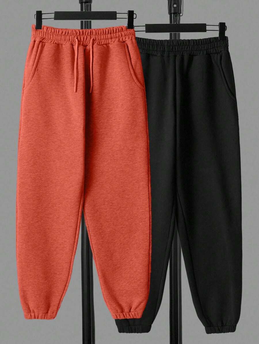 SHEIN Cottnline 棉质两件套纯色抽绳腰运动裤 - 彩色 - 查看 1