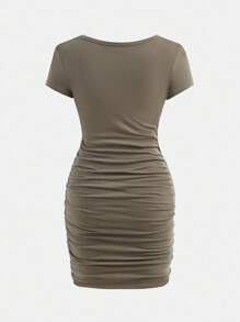 SHEIN Teenage Girls Casual Snug Fit Round Neck Short Sleeve Mini Dress - Army Green - View 3