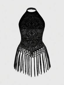 ROMWE Plus Size Women Gothic Vintage Pattern Flocked Fringed Top - Black - View 2