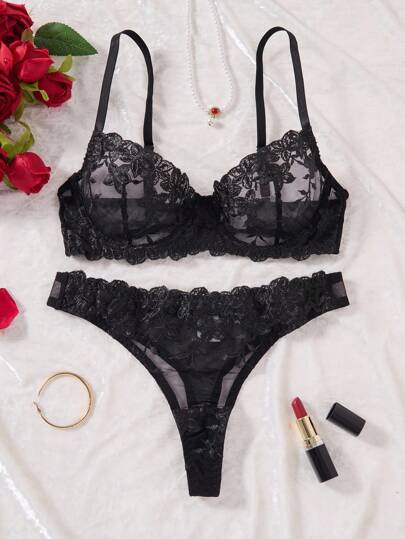 Zwart Bloemen Kanten Lingerie Set Doorschijnende Women BH