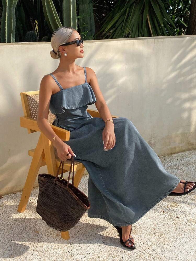 Women's Denim Ruffle Waist Cinched Waist Dress Maxi Dress