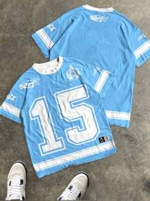 SHEIN 青少年男孩休闲时尚经典棒球运动，1969 五角星图案 T 恤，超级 A 棒球运动衫，徽标印花短袖圆领 T 恤，适合夏季棒球球衣儿童足球衫球衣运动球衣