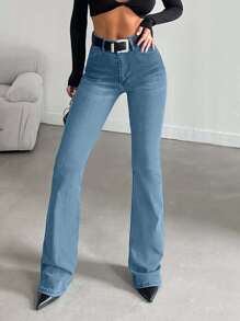 SHEIN Cottnline Casual Versatile Simple Button Front Women Denim Jeans, Daily Wear - Teal Blue - View 4