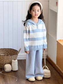 SHEIN Young Girls Casual Blue & White Striped Hooded Sweater And Pants Set School TopYoung Girlrl Clothes Kids Girl Outfit Cute Tops Graphic Tees Girls Sweater Sets Girls Knit Set Winter Young Girls Sets Young Girls Striped Knit SeYoung Girlrl Knit Set Winter Girls Sets Girls Hooded Sweater Set Fall