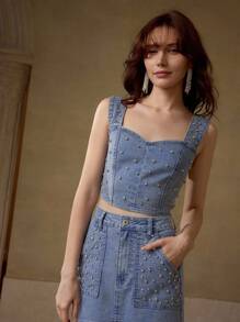 MOTF PREMIUM 水钻细节牛仔上衣和裙子两件套 - 藍色 - 查看 3