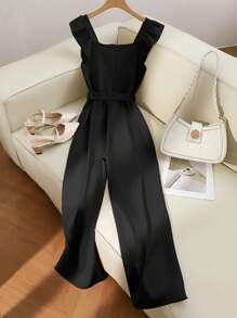 Franclia 女式春夏方领荷叶边盖袖收腰高腰系带蝴蝶结连体裤，修身 - 黑色 - 查看 2