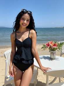 SHEIN 2pcs Goddess-Style Hollow-Out Solid Color Swimwear Set, Suitable For Beach Vacation, Hot Spring Summer Holiday - Black - View 3