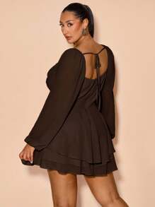 SHEIN BAE 大码女式垂坠领长袖连体衣，休闲日常/节日/派对装，黑色纯色，A 字廓形，缎面面料，性感甜美 - 咖啡棕 - 查看 2