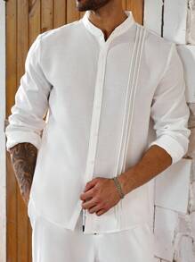 ResortEase 男士加大码休闲宽松纯色长袖衬衫，轻松风格男士长袖白立领衬衫，百搭，秋季 - 白色 - 查看 3