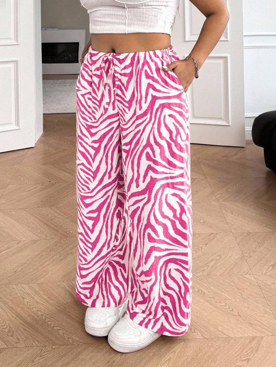 SHEIN EZwear 洋红色斑马纹大码休闲直筒裤 - 玫紅色 - 查看 1
