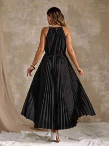 Roveilla Plus Size Women Elegant Solid Color Pleated Halter Dress For Summer - Black - View 3