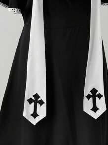 Sunspun 大码女式复古朋克风格十字缎带蕾丝边中长连衣裙 - 黑色 - 查看 5