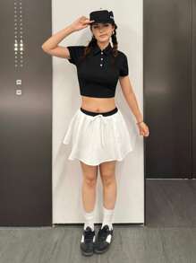 SHEIN Teen Girls'' Casual Comfy Polo Collar Short Sleeve T-Shirt & Color Block Skirt 2Pcs Set - Black - View 4