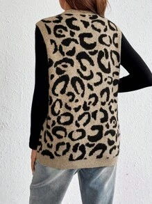 SHEIN 秋装，秋季服装，孕妇装秋季服装孕妇装女士单排扣 V 领豹纹针织背心，秋冬，无袖针织保暖针织上衣，撞色饰边，休闲日常穿着 - 彩色 - 查看 2