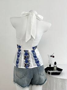 Elamini 蓝白印花拼布荷叶边挂脖系带度假休闲女式背心 - 白色 - 查看 2