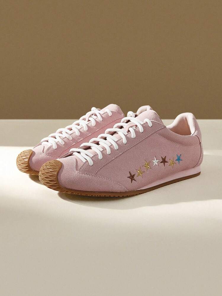 CUCCOO EASI Women's Embroidered Round Toe Flat Casual Sneakers, Breathable Faux Suede Pink Casual Sports Shoes For Daily Indoor & Outdoor Wear