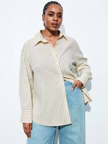 Maija 大码米色条纹休闲百搭商务通勤长袖衬衫秋季女装秋装返校服装返校节朴素复古服装女装老钱女士教师浪漫、时尚、百搭；舒适、时尚、优雅、休闲、简约日常穿着、必备、纯色、假日休闲、得体、单身女士、优雅时尚商务休闲女装外出上衣毕业教师女士秋季女装秋装大码秋季女装秋装返校服装返校节女士冬季女士冬季 - 彩色 - 查看 5