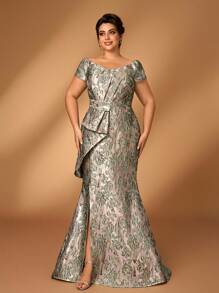Serin Robe élégante et luxueuse grande taille en jacquard avec épaules dénudées, nœud papillon, fente et queue de poisson, convenant pour les mariages, événements, fêtes, lunes de miel, galas, mères de la mariée, l'été