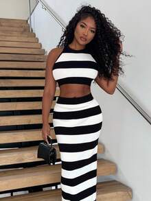 Alexandranx Two Tone Halter Knit Top & Knit Skirt - Black and White - View 6