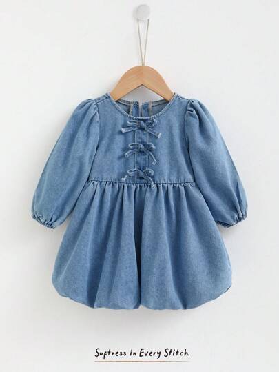 Cozy Pixies 女婴蝴蝶结装饰圆领泡泡袖束腰连衣裙