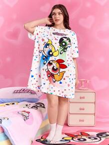 THE POWERPUFF GIRLS X SHEIN 大码女装夏秋Y2K清新修身可爱梦幻复古休闲度假风返校服学院风卡哇伊街头风宽松白色花朵、泡泡、毛茛图案爱心印花圆领短袖睡裙，哞哞睡衣 - 白色 - 查看 3