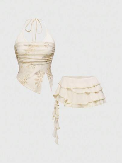 Fairycore 2pcs Women Romantic Vacation Halter Mesh Tank Top & Super Low Waist Ruffled Mini Skirt Set