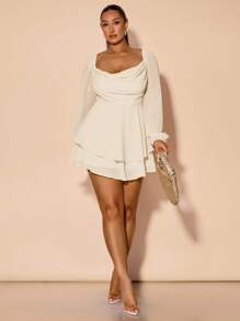 SHEIN BAE 大码女式春夏垂坠领荷叶边开叉长袖连体裤，甜美性感迷你连体裤，适合节日穿着 - 杏色 - 查看 6