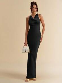 SHEIN BAE Women Summer Solid Yellow Spaghetti Strap Open Back Satin Dress - Black - View 2