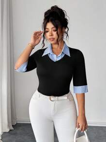 Elenzga 大码女式春夏拼色条纹二合一上衣