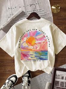 INAWLY Áo thun cổ tròn tay ngắn in tranh sơn dầu khẩu hiệu mùa hè dành cho nữ - Màu be - Xem 6