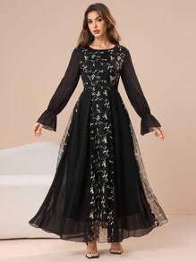 Modelyn 女式网眼刺绣拼布雪纺长袖喇叭连衣裙 - 黑色 - 查看 4