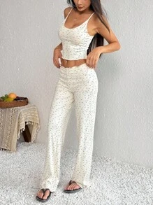 SHEIN PETITE 2 pièces Set débardeur et pantalon large, tenue de détente à imprimé floral digital, Printemps/Été