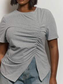 MUSERA 加大码不对称褶皱镂空上衣可爱夏日优雅浪漫假期曲线集体