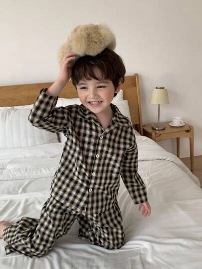 Hapijoa 2pcs/Set Young BoyPlaid Long Sleeve Top And Long Pants Pajamas Set, Fall