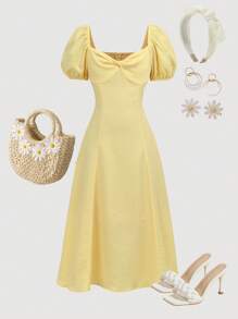 SHEIN 女童浅蓝色格子方领泡泡袖收腰A字长款短袖连衣裙