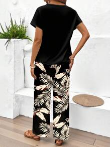 EMERY ROSE 2pcs Women Casual Minimalist Leaf Pattern Bodycon Suit, Spring/Summer Suitable For Going Out