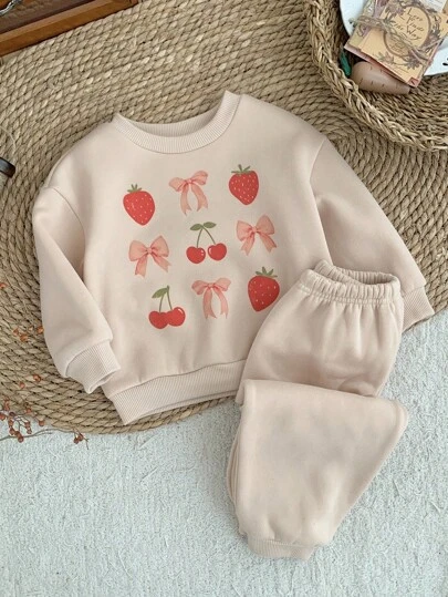 LMoss Kids LMoss 两件套女婴花朵印花针织圆领卫衣和裤子套装 女婴运动套装 樱桃图案婴儿服 女婴服装 草莓图案婴儿服装 婴儿运动服套装 女童套装 女童服装套装 婴儿服装套装 女婴返校/开学第一天/秋冬季