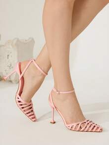 CUCCOO CHICEST 女士尖头镂空设计细高跟鞋，优雅性感时尚通勤浅粉色仿皮高跟鞋一脚蹬浅口鞋，适合下午茶、约会、派对、工作场所，用途广泛 - 粉色 - 查看 3