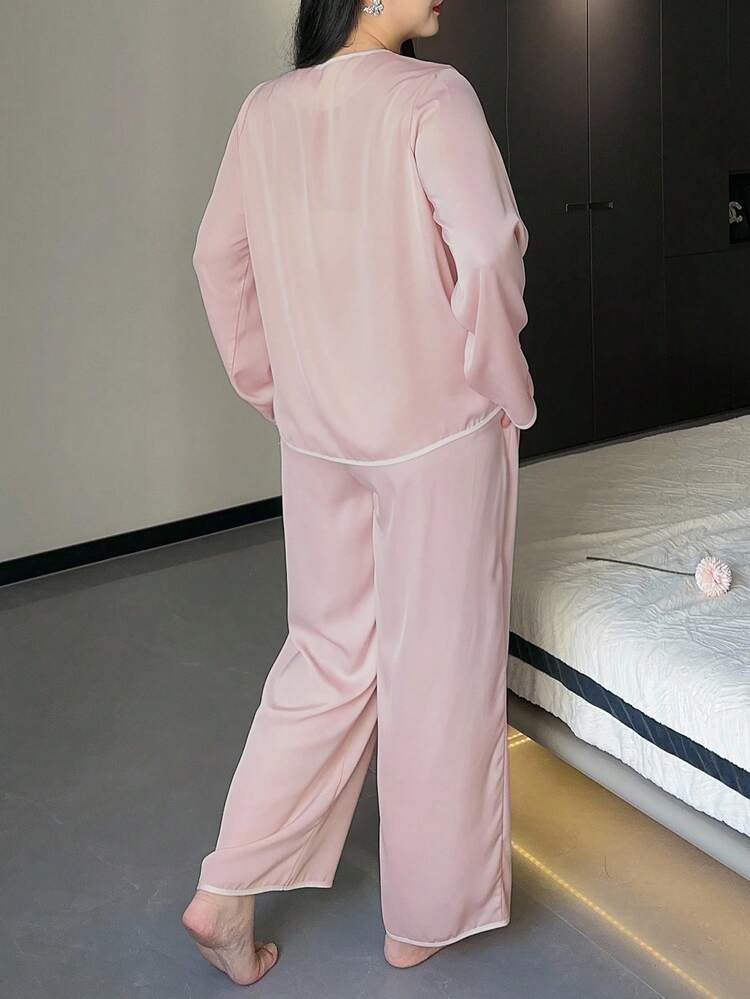 Dazy Plus 2pcs Contrast Color Block Open Front Long Sleeve Top And Loose Lounge Pants Set, Elegant Plus Size Women Sleepwear