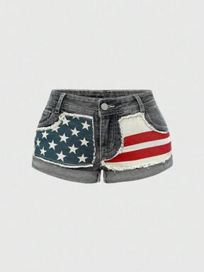 J-Fashion Y2K Baddie Flag & Star Print Plus Size Women Denim Shorts