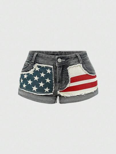 J-Fashion Short en jean grande taille avec imprimé drapeau et étoiles style Y2K pour femmes