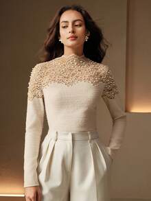 Anewsta Áo ren cổ tròn tay dài thanh lịch ôm sát dành cho nữ - Màu be - Xem 6