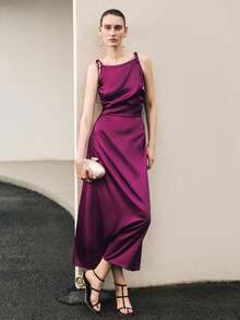 Uhlyne 女士休闲/派对/度假无袖葡萄紫色修身中长款紧身吊带连衣裙 - 中紫紅色 - 查看 7