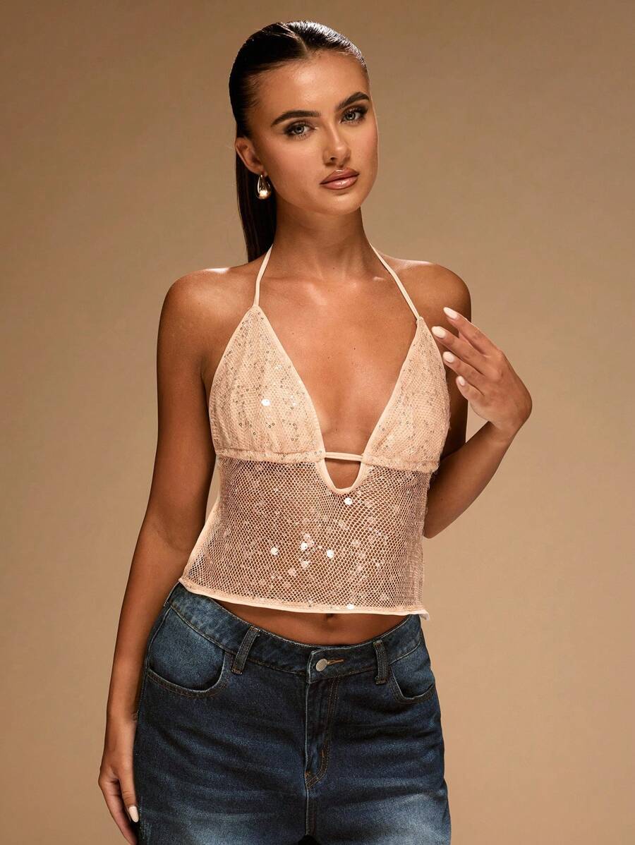 SHEIN BAE Áo hở lưng sequin gợi cảm cho nữ, mùa hè - Màu Khaki - Xem 1